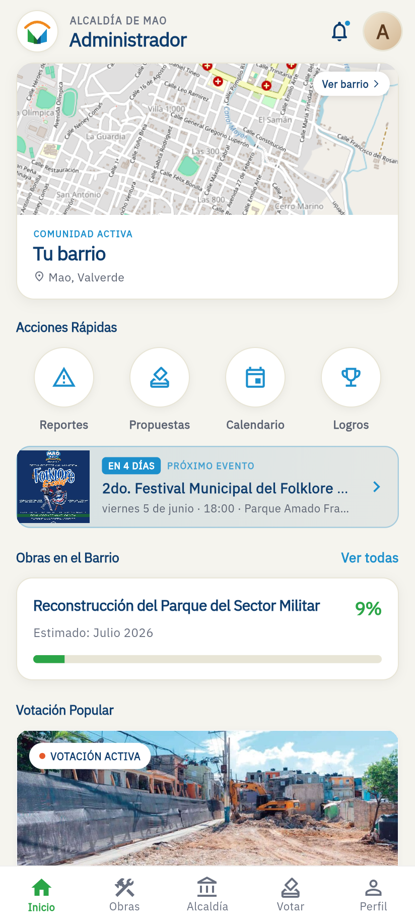Pantalla de inicio de la app: mapa del barrio, acciones rápidas y obras en curso