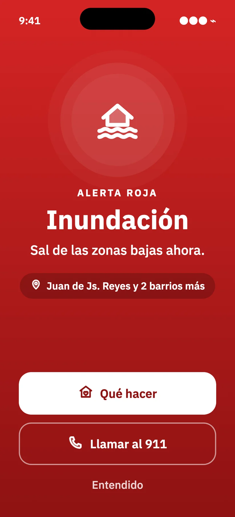 Alerta roja de inundación a pantalla completa, con botones para ver qué hacer y llamar al 911
