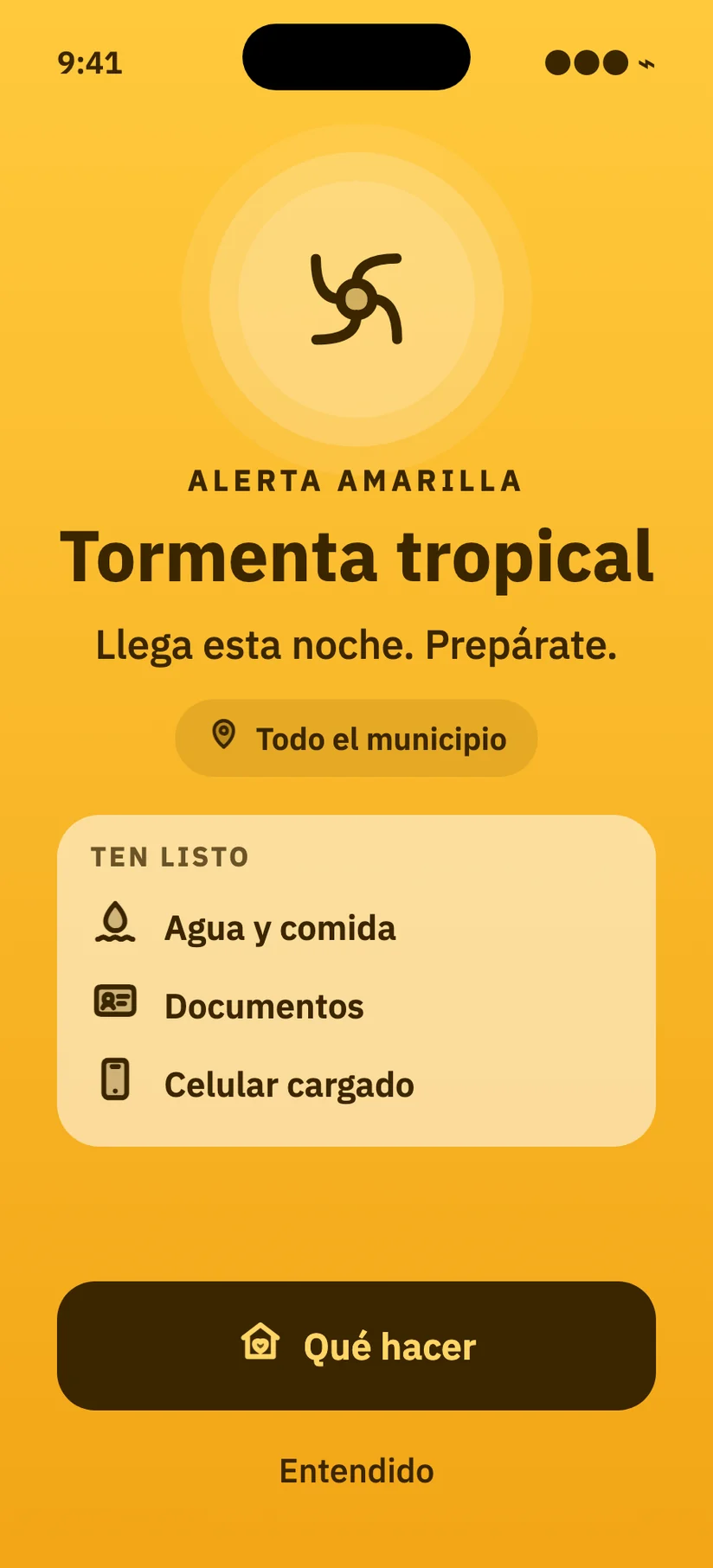 Alerta amarilla de tormenta tropical a pantalla completa, con lo que hay que tener listo