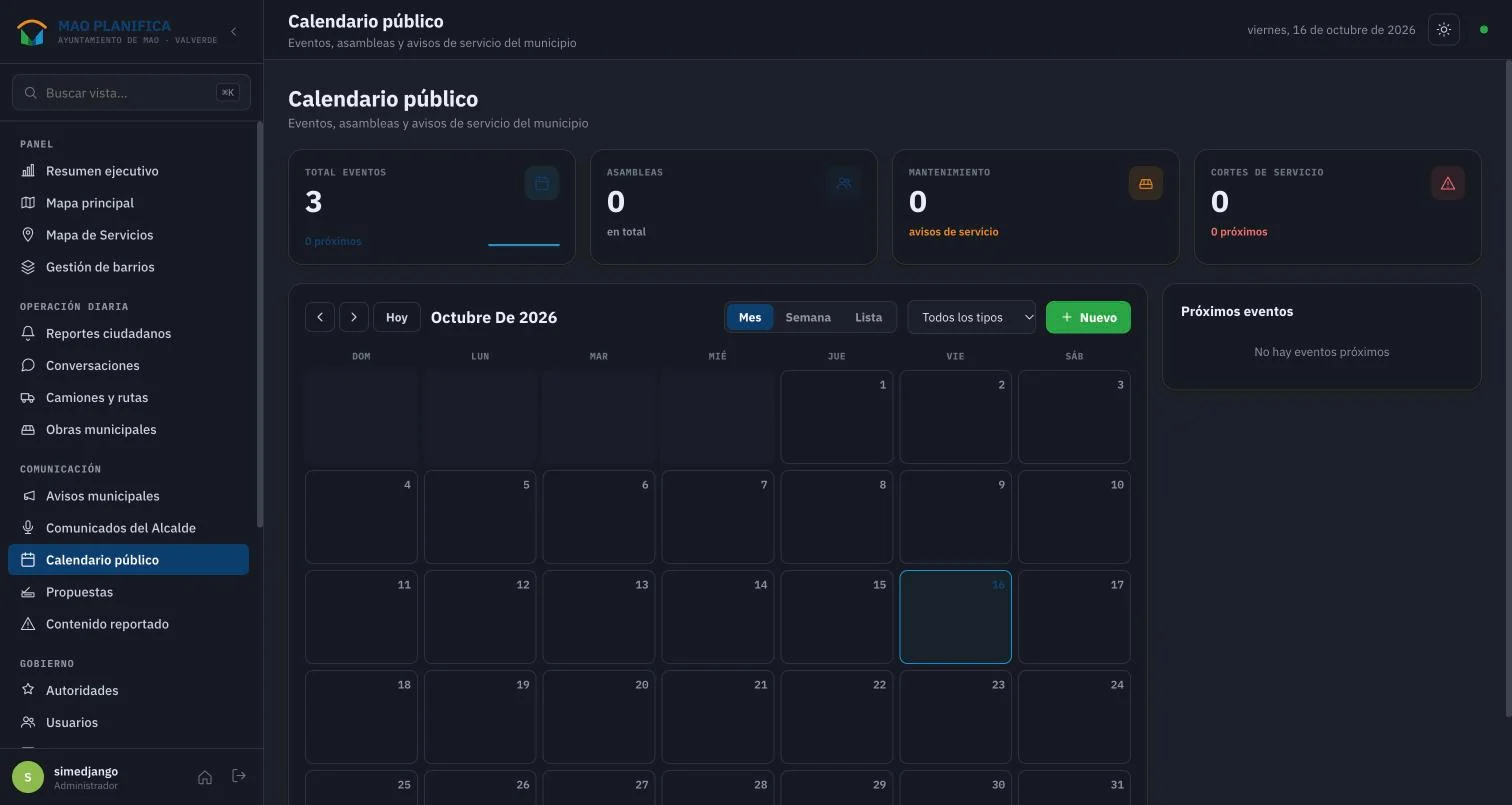 Calendario público de eventos, asambleas y avisos de servicio