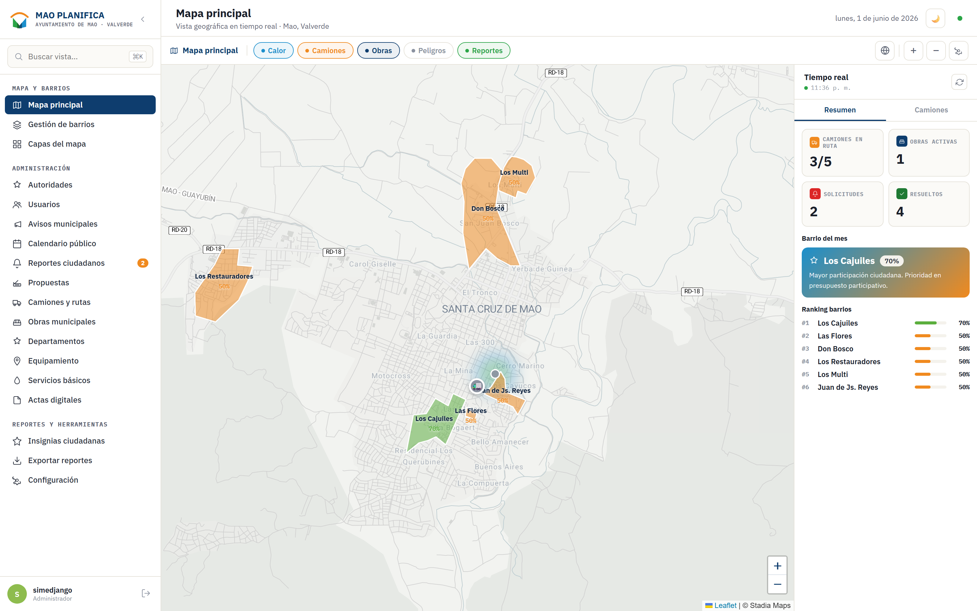 Panel de administración con el mapa principal y resumen en tiempo real