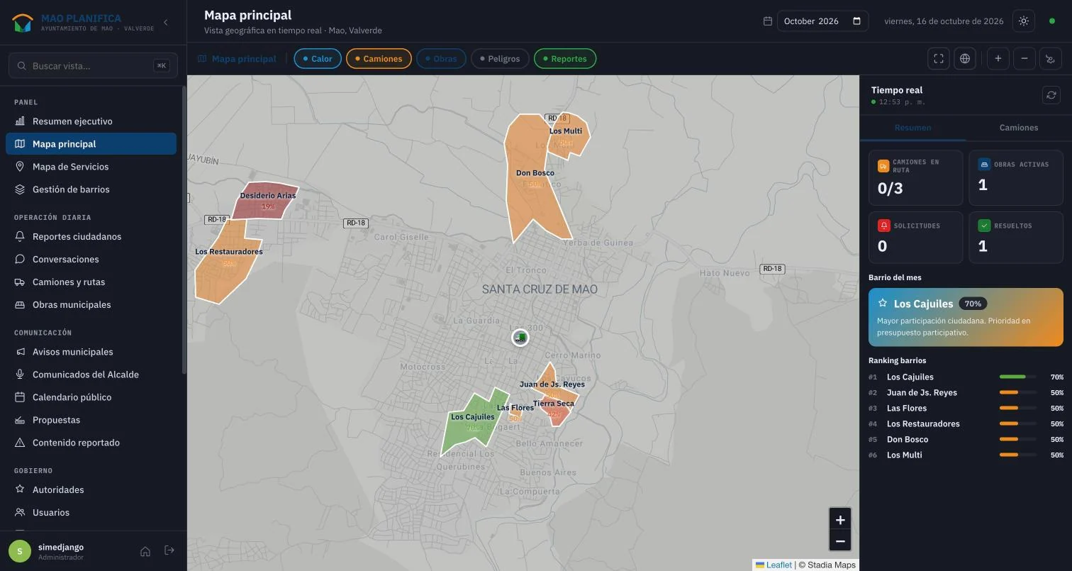 Panel de administración con el mapa principal y resumen en tiempo real